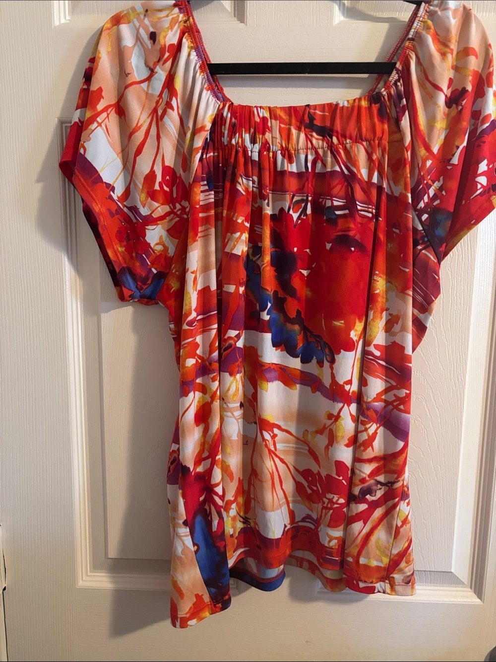 Lane Bryant Multicolor Abstract Floral Off-Shoulder Top - Red, Orange, Blue